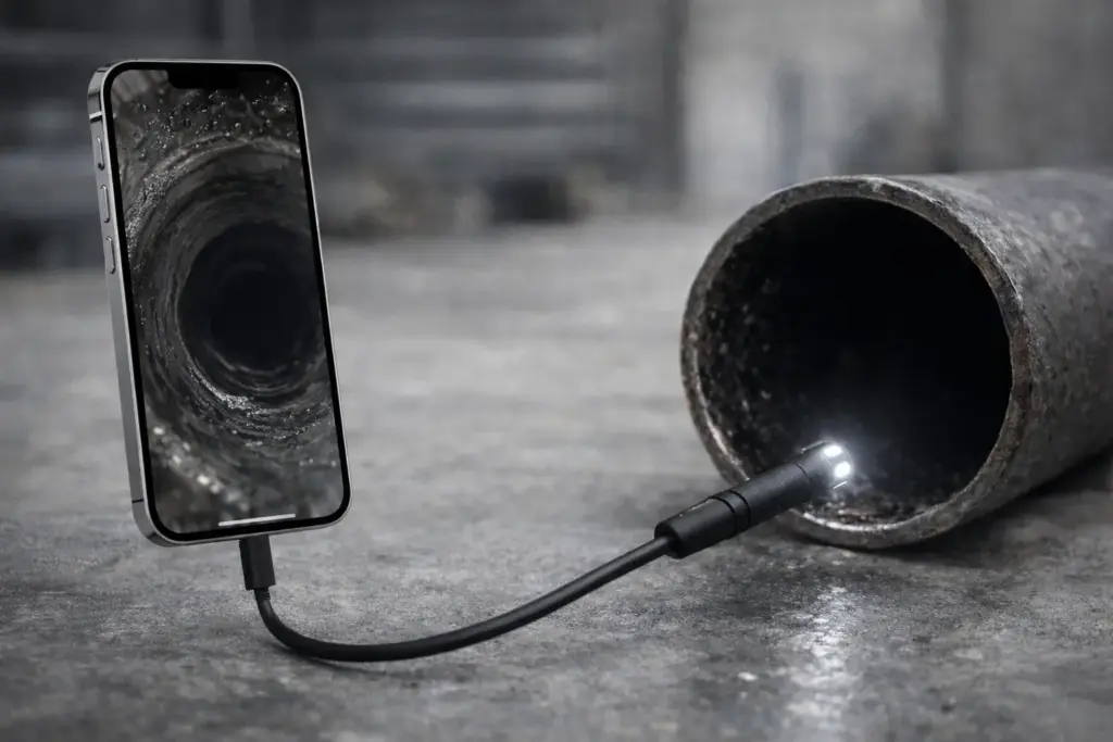 An iPhone connected to a small inspection endoscope, looking into a dark pipe—generic, non-branded