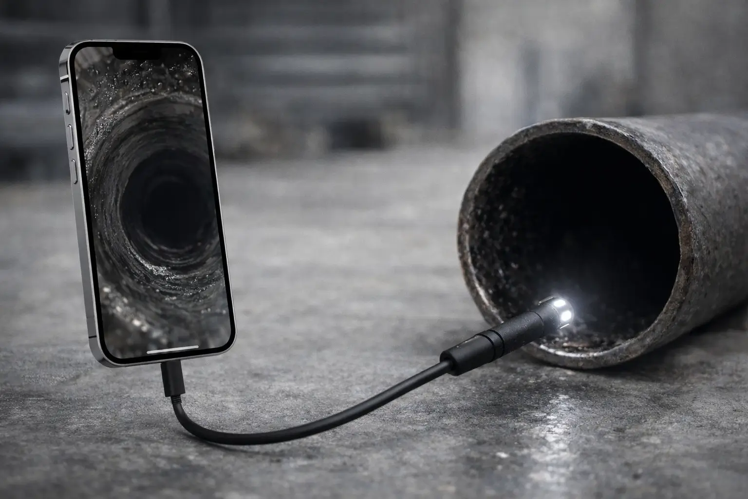 An iPhone connected to a small inspection endoscope, looking into a dark pipe—generic, non-branded