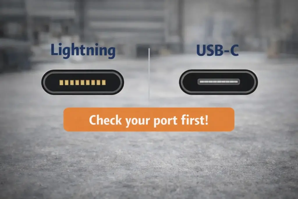 Best Endoscope Camera for iPhone: A Compatibility-First Guide (Lightning, USB-C, Wi-Fi) 1 A simple visual showing Lightning vs USB-C ports on iPhone, with a “check your port first” label