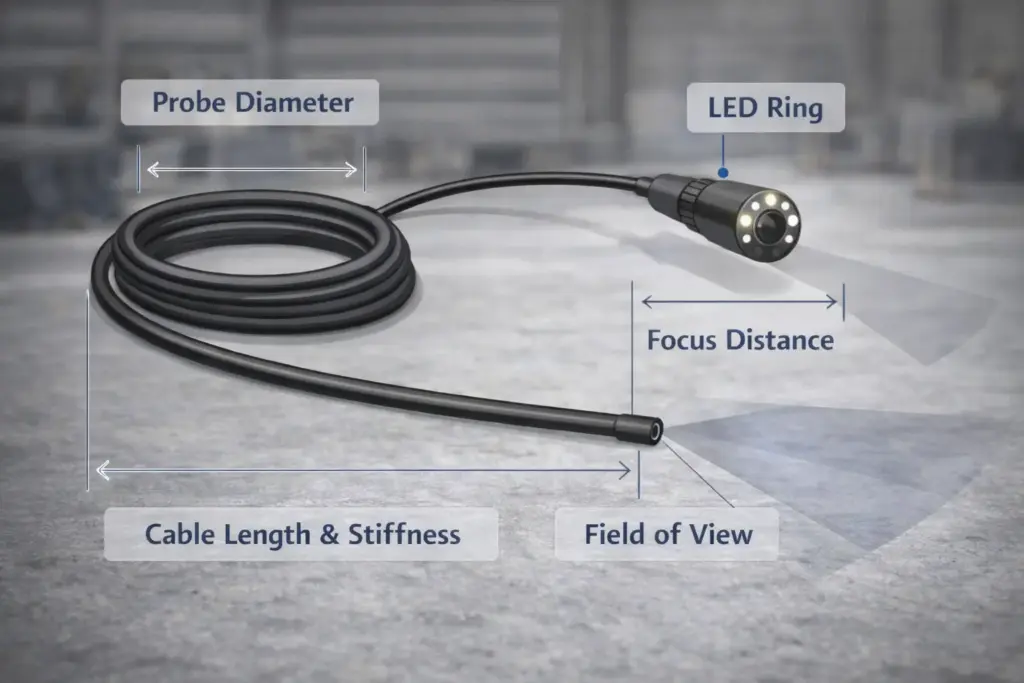 Best Endoscope Camera for iPhone: A Compatibility-First Guide (Lightning, USB-C, Wi-Fi) 2 A diagram showing probe diameter, cable length, stiffness, LED ring lights, focus distance, and field of view