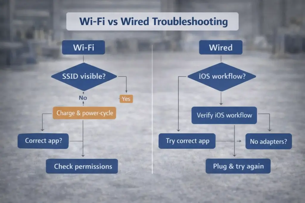 Best Endoscope Camera for iPhone: A Compatibility-First Guide (Lightning, USB-C, Wi-Fi) 3 A flowchart splitting troubleshooting into Wi-Fi vs wired paths, with symptom checkpoints and actions.