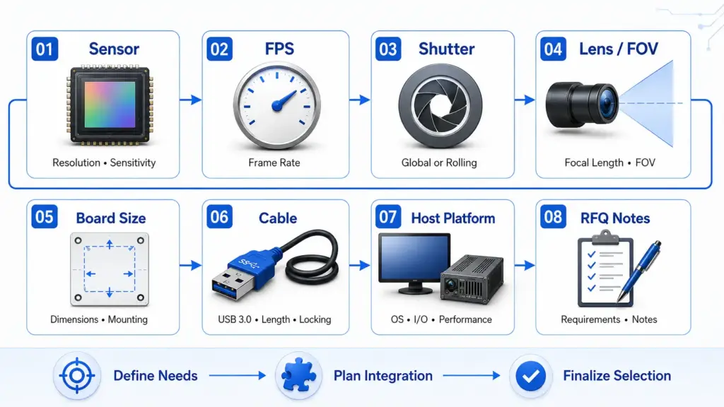 Matrix linking 2MP USB 3.0 camera module specs to application decisions
