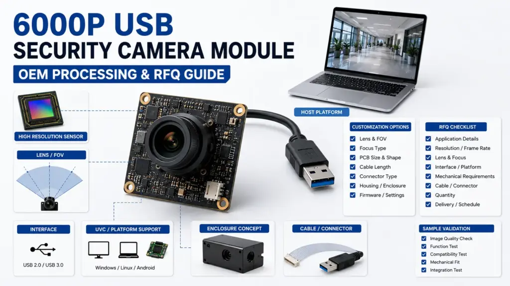 Create a clean B2B technical flowchart for selecting a high-resolution USB camera module for OEM security-related projects. Include resolution, frame rate, lens/FOV, focus, USB/UVC platform, lighting, enclosure, and RFQ confirmation steps.