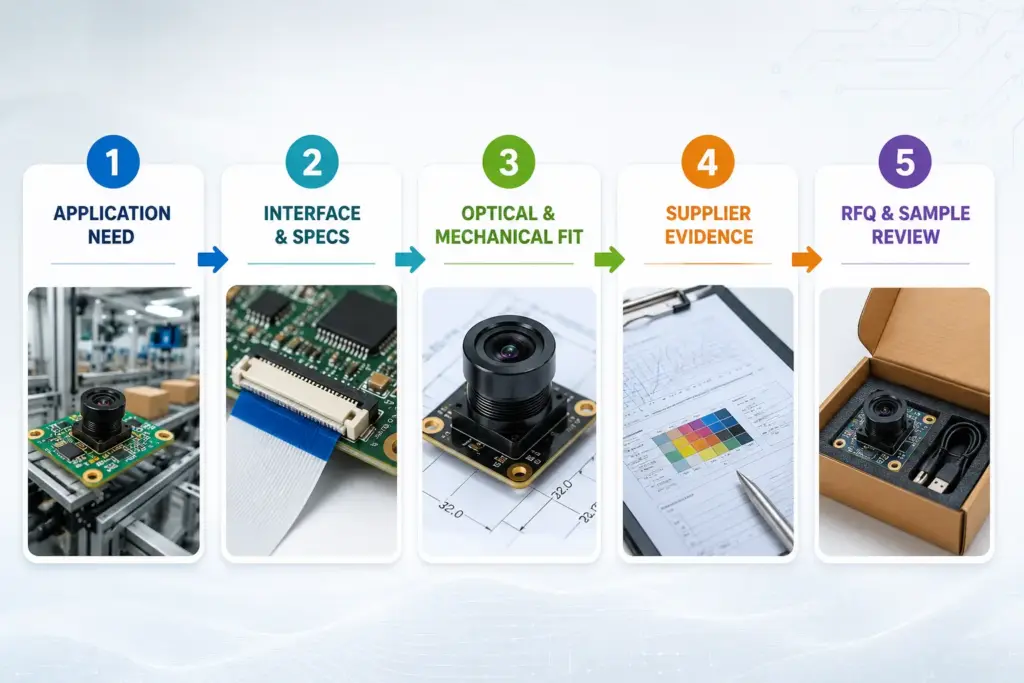 Autofocus Camera Module Manufacturer: Selection Guide for OEM Buyers and Engineers 1 Diagram showing how buyers evaluate autofocus camera module manufacturers by application, specs, evidence, and RFQ readiness