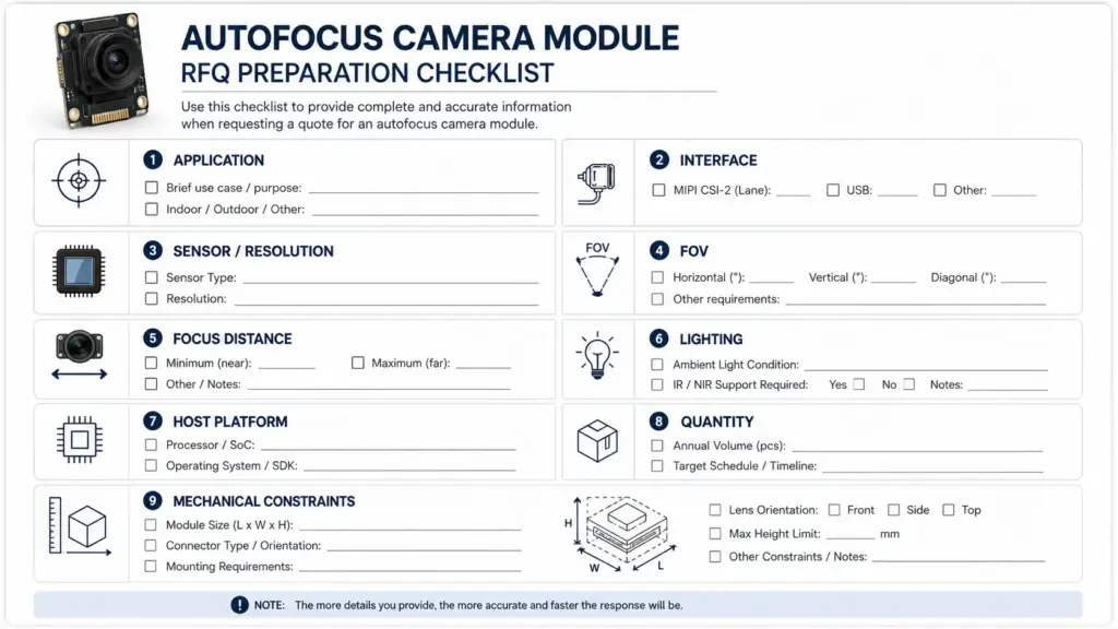 Autofocus Camera Module Manufacturer: Selection Guide for OEM Buyers and Engineers 3 Checklist of information buyers should prepare before requesting an autofocus camera module quote