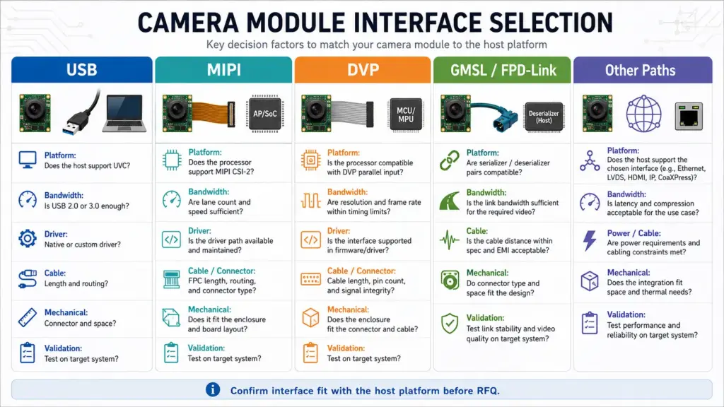 Autofocus Camera Module Manufacturer: Selection Guide for OEM Buyers and Engineers 2 Visual checklist comparing USB, MIPI, and other camera module interface decision factors