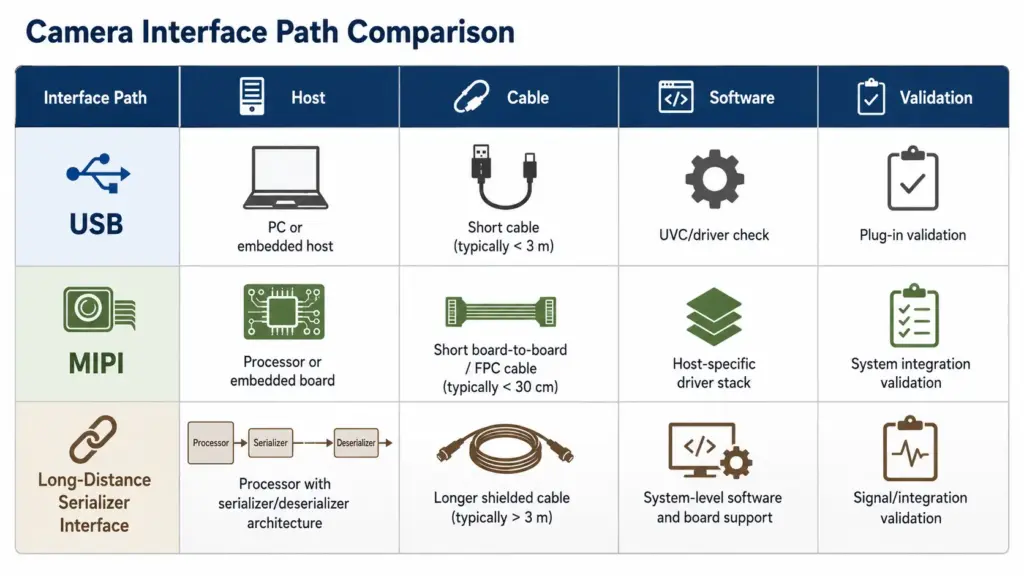 How to Choose a Camera Module Manufacturer for OEM and Custom Projects 2 Matrix comparing USB, MIPI, GMSL or FPD-Link-style project checks