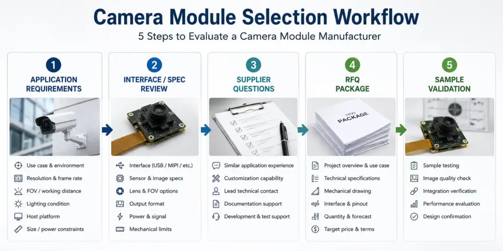 How to Choose a Camera Module Manufacturer for OEM and Custom Projects 1 Flowchart showing application, interface, specs, RFQ, and validation steps