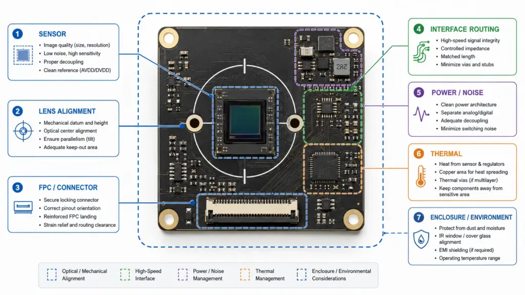 Technical risk map for camera module PCB interface, connector, power, EMI, thermal, and environment factors
