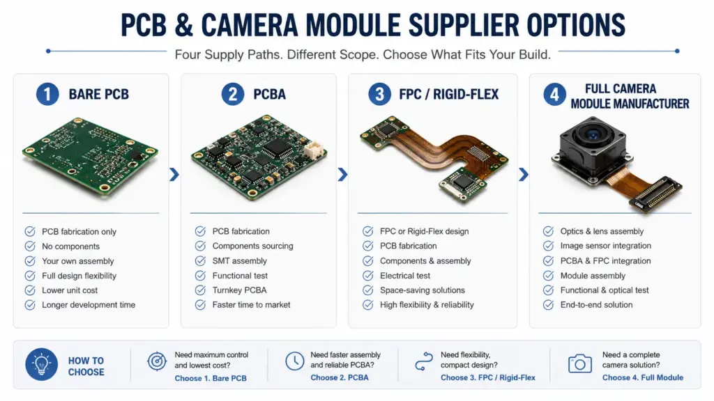 Decision matrix comparing bare PCB, PCBA, FPC or rigid-flex, and full camera module manufacturing needs
