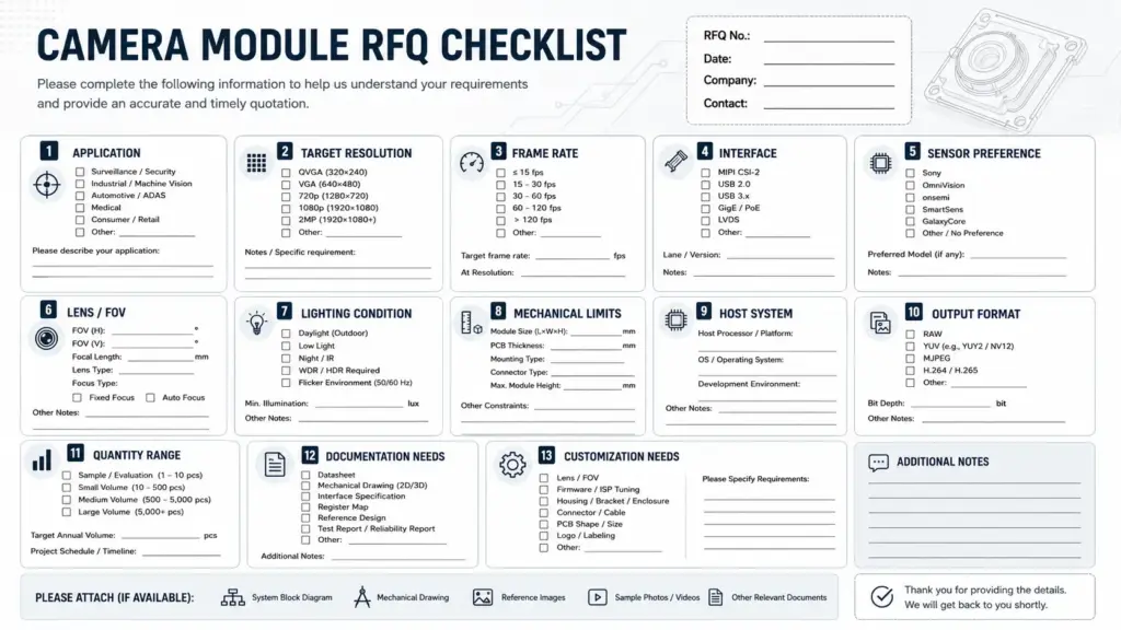 How to Choose a Camera Module Manufacturer for OEM and Custom Projects 3 Checklist of application, resolution, lens, mechanical, host, quantity, and document requirements