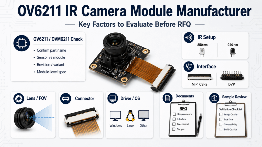 Evaluate China OV6211 IR camera module suppliers with an RFQ checklist: clarify OV6211 vs OVM6211, IR setup, specs, documents, and samples.