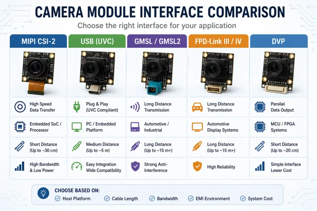 How to Choose a Camera Module Manufacturer in China for Custom OEM Projects 2 Visual comparison of MIPI USB GMSL FPD-Link and DVP camera module interfaces