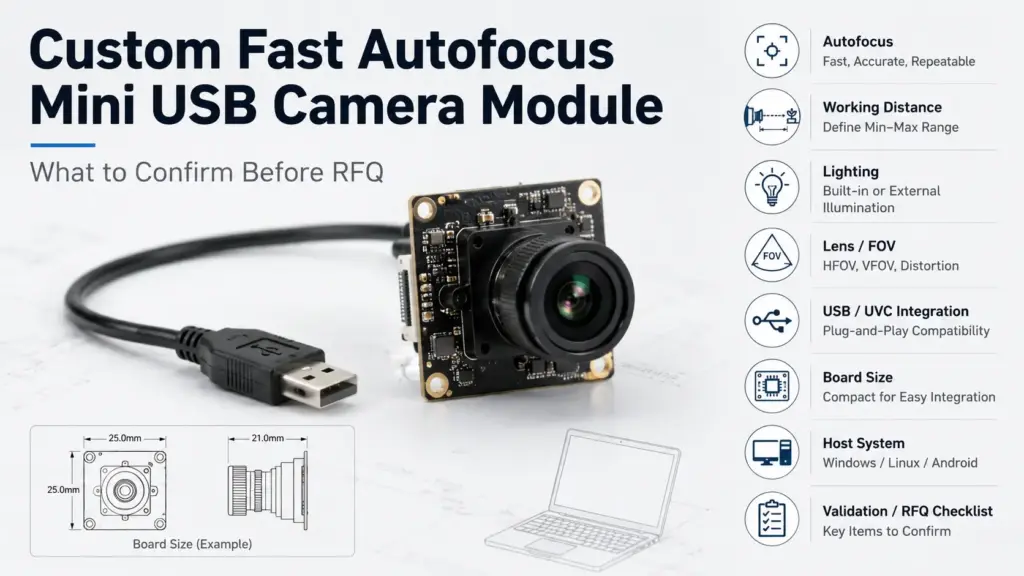 Prepare a safer RFQ for a custom fast autofocus mini USB camera module. Learn what to confirm about autofocus, USB/UVC, optics, mechanics, validation, and documents.