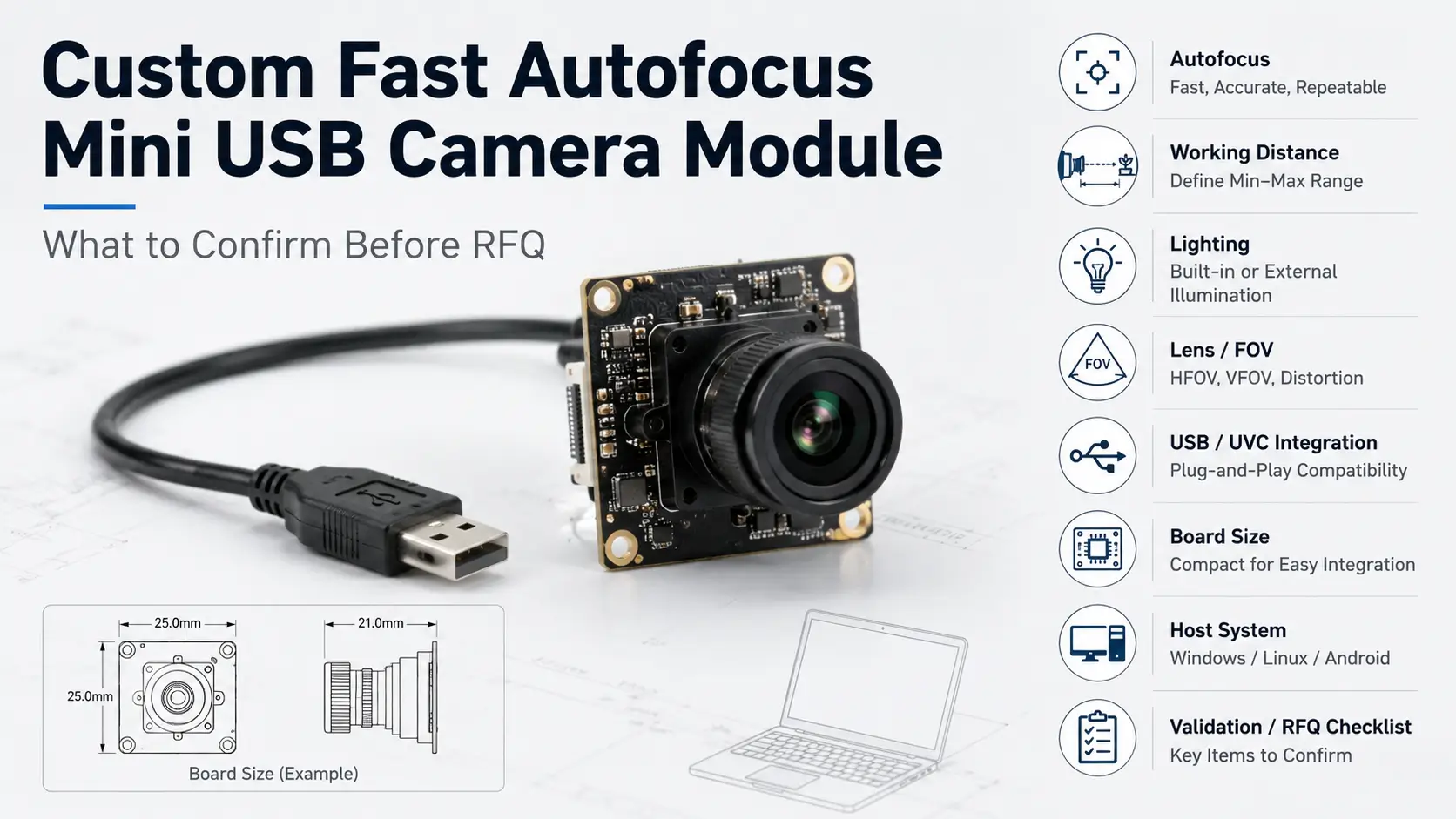 Prepare a safer RFQ for a custom fast autofocus mini USB camera module. Learn what to confirm about autofocus, USB/UVC, optics, mechanics, validation, and documents.