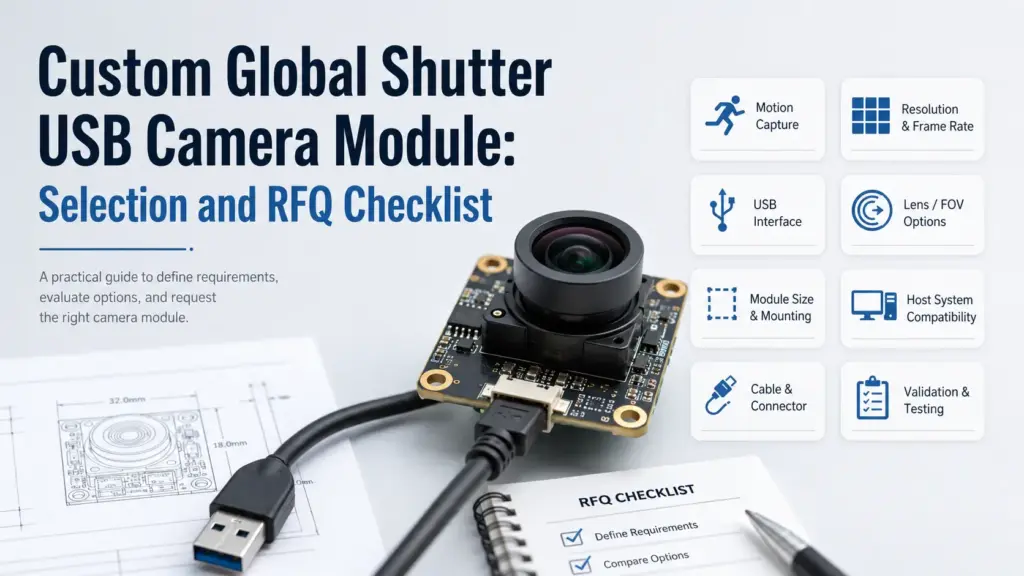 Learn how to specify a custom global shutter USB camera module for OEM projects. Review motion, USB interface, lens/FOV, validation, RFQ inputs, and document questions.