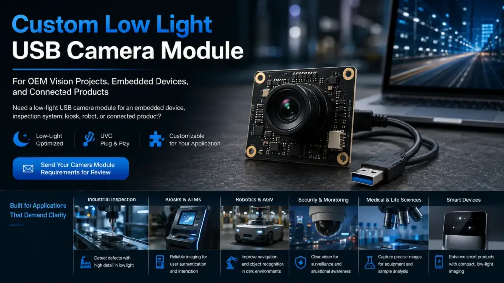 Select a custom low light USB camera module by lighting, lens/FOV, USB interface, platform, fit, and RFQ details. Send specs for Supertek review.