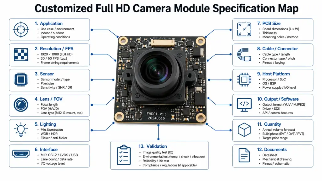 Customized Full HD Camera Module: Specification and RFQ Guide 1 Diagram showing resolution, lens, interface, PCB size, connector, host platform, and validation inputs for a customized Full HD camera module