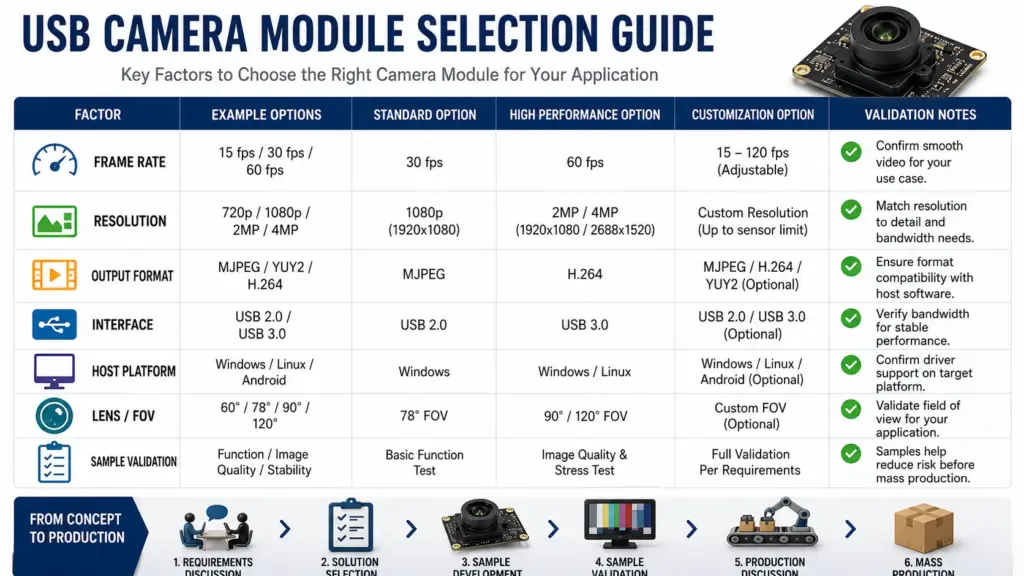 H.264 WDR USB Camera Module Manufacturer: Confirm Fit Before RFQ 2 Matrix showing the relationship between frame rate, resolution, output format, and USB interface for camera module selection