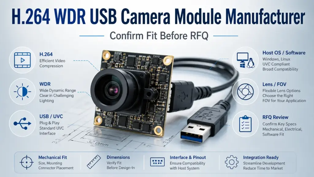 Source an H.264 WDR USB camera module by sending specs for model review. Confirm H.264 output, WDR scene, USB/UVC, OS, lens, quantity, and documents.