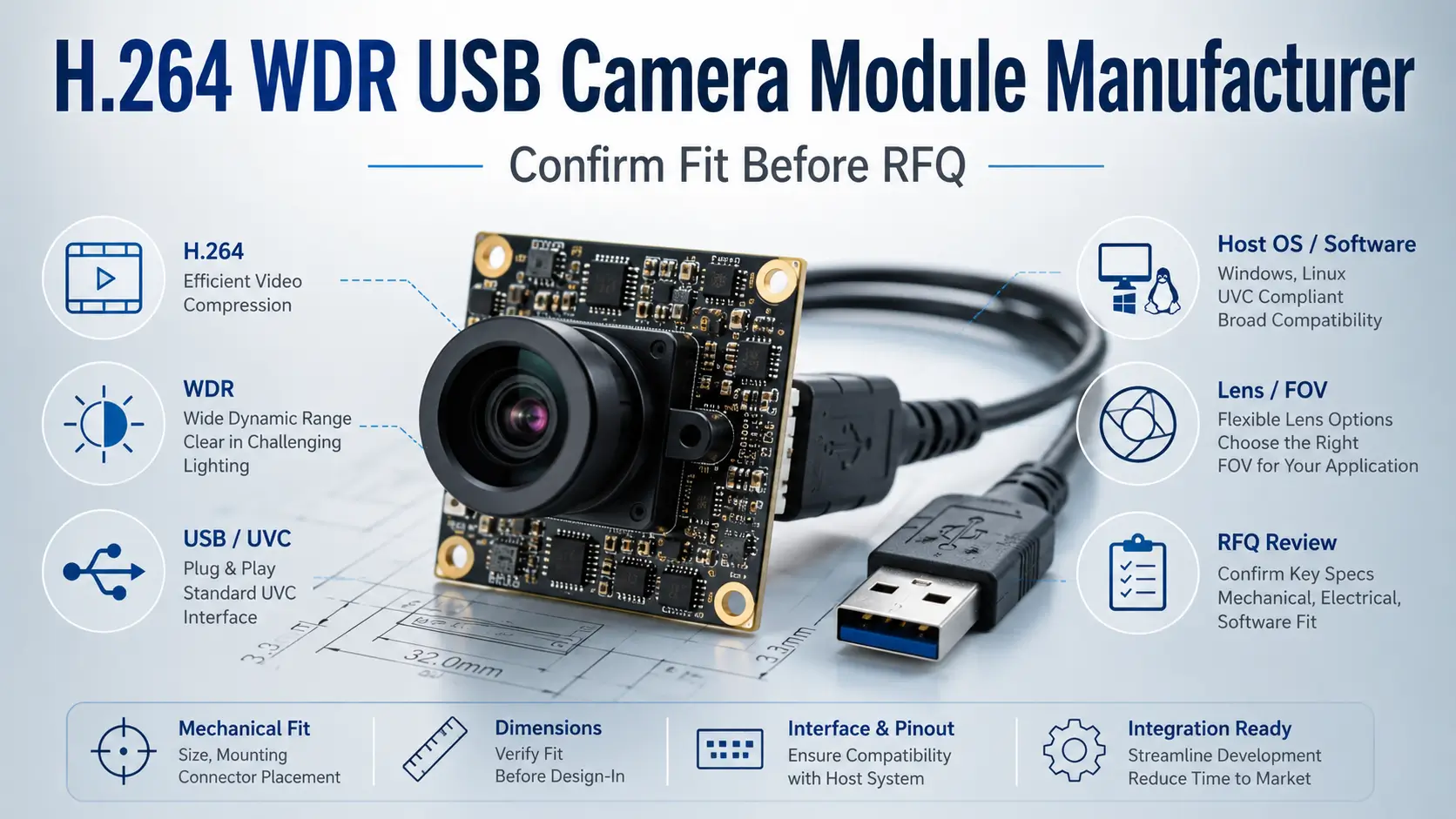 Source an H.264 WDR USB camera module by sending specs for model review. Confirm H.264 output, WDR scene, USB/UVC, OS, lens, quantity, and documents.