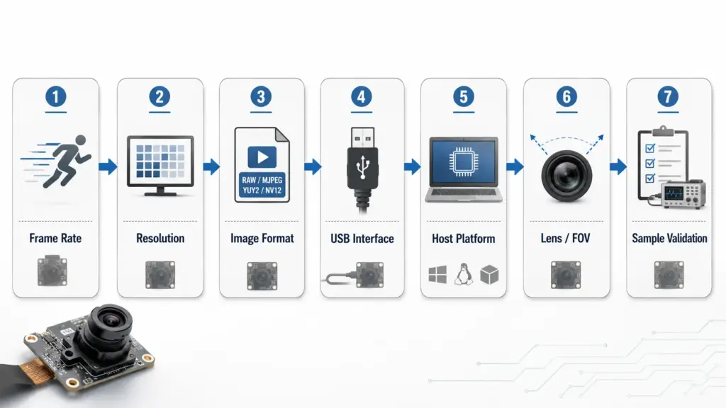 H.264 WDR USB Camera Module Manufacturer: Confirm Fit Before RFQ 1 Flowchart showing how to choose a high-speed USB camera module by frame rate, resolution, format, interface, host, and validation needs