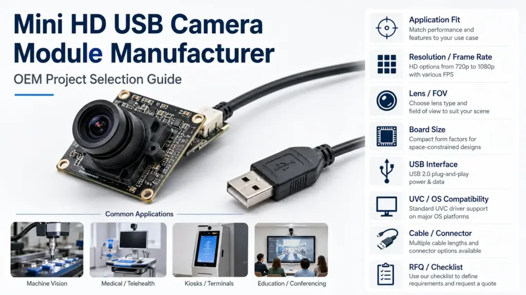 Compare mini HD USB camera module options for OEM projects. Review application fit, UVC/OS checks, RFQ inputs, and documents to confirm before sourcing.