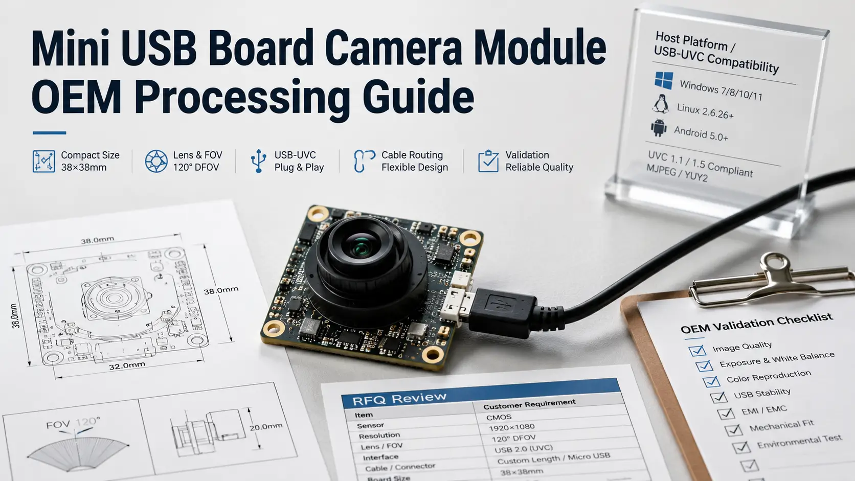 Define your application, specs, USB/UVC needs, board size, lens/FOV, cable, connector, and RFQ details before requesting OEM camera module processing.