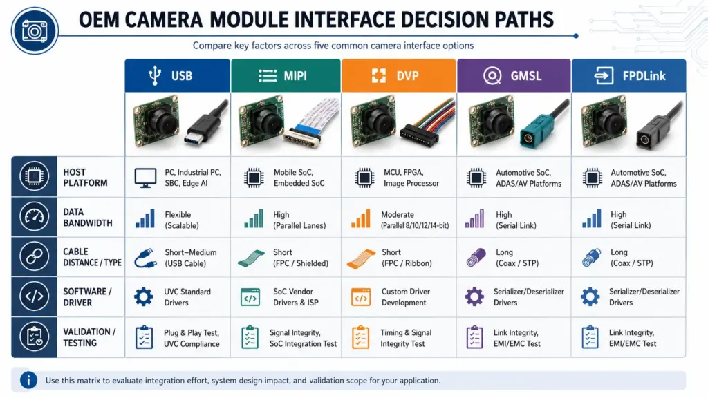 OEM Digital Camera Module: Selection, Interface, Customization, and RFQ Guide 2 Interface comparison visual for USB, MIPI, DVP, GMSL, and FPDLink camera modules