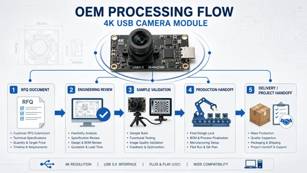 Diagram showing RFQ, module review, customization, sample validation, and production handoff