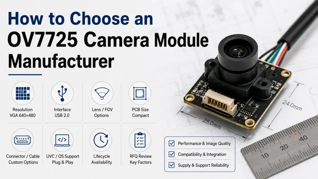 Learn how to choose an OV7725 camera module manufacturer: sensor vs. module checks, USB/UVC specs, lifecycle questions, and RFQ details to confirm.