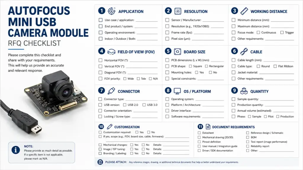 RFQ checklist showing application, resolution, focus distance, FOV, board size, cable, connector, OS, quantity, and documents
