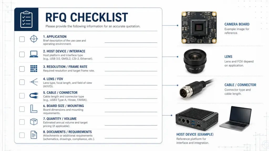 RFQ checklist for application, host, resolution, lens, size, cable, quantity, and documents
