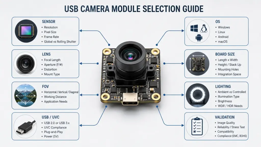 Starlight USB Camera Module Manufacturer 2 Diagram linking sensor, lens, FOV, USB UVC, board size, and lighting condition