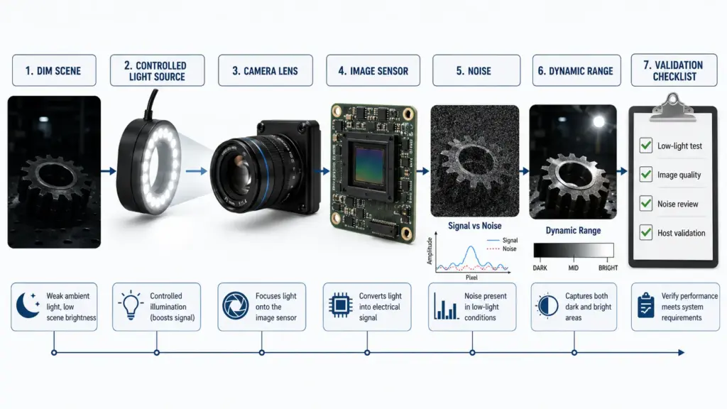 Starlight USB Camera Module Manufacturer 3 Low-light camera selection diagram showing lighting, IR, WDR, and validation factors