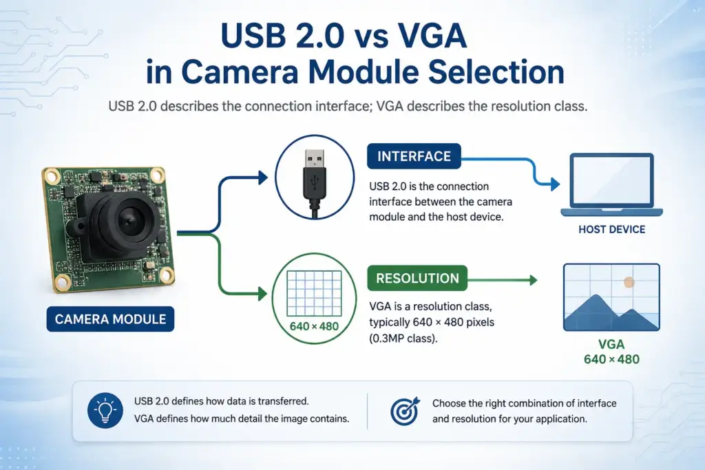 Diagram showing USB 2.0 as interface and VGA as 640 by 480 resolution