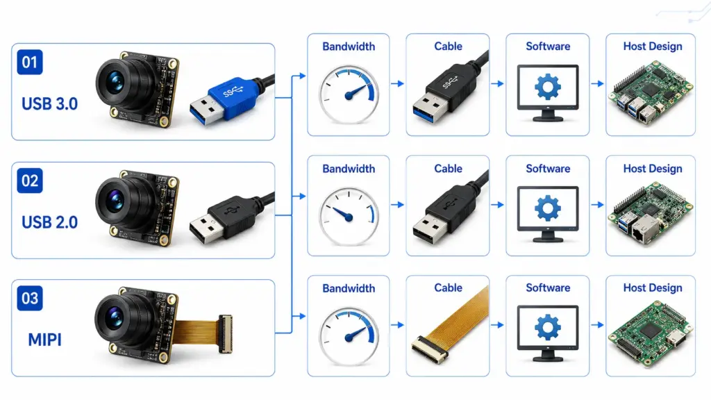 Diagram comparing USB 3.0 USB 2.0 and MIPI for camera module integration
