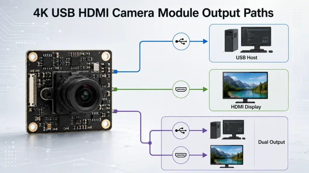 Diagram showing USB and HDMI output paths from a 4K camera module