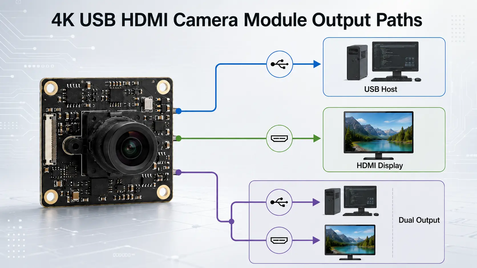 Diagram showing USB and HDMI output paths from a 4K camera module