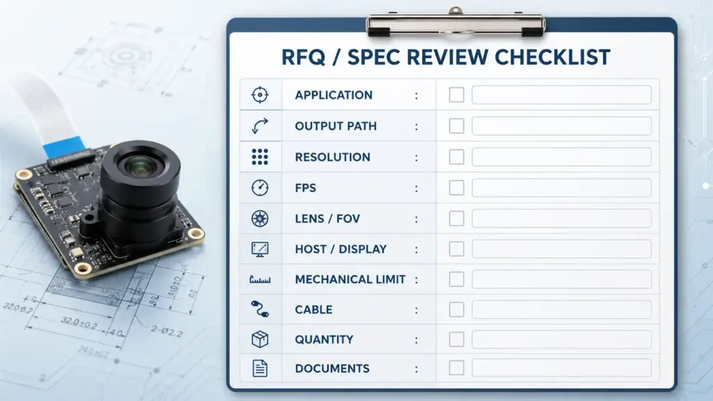 
Checklist visual for resolution, frame rate, lens, output path, host platform, cable, quantity, and documents