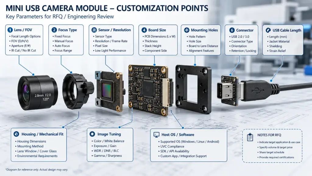 Lens, FOV, PCB size, cable, connector, firmware settings, housing, and documents for camera module customization discussion