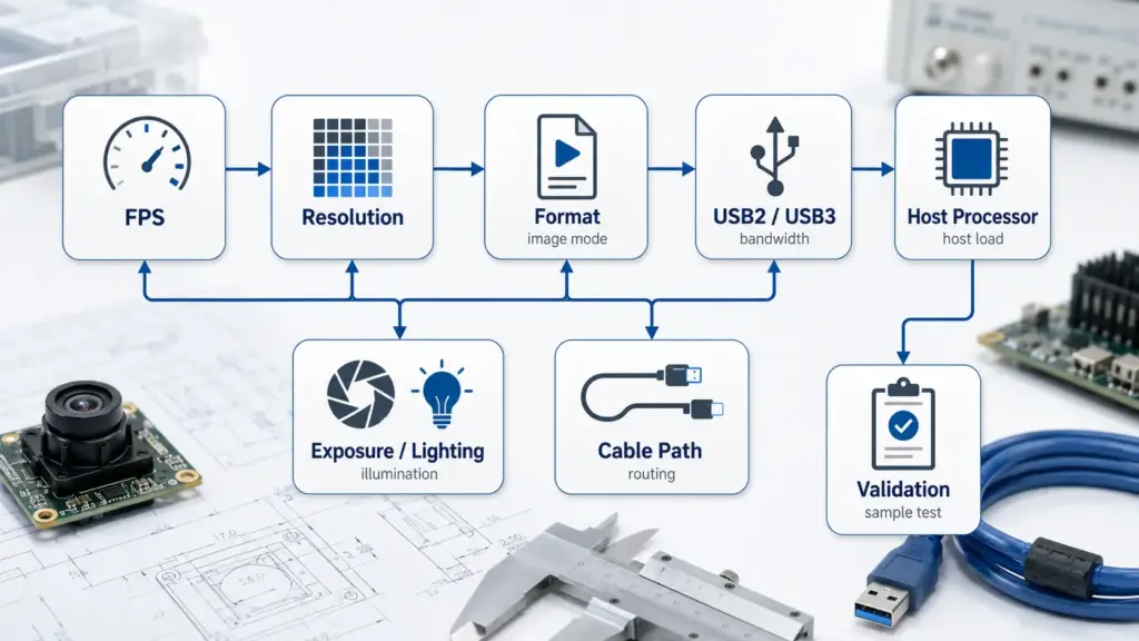 Diagram showing how FPS, resolution, output format, USB interface, host, cable, and exposure affect camera module selection