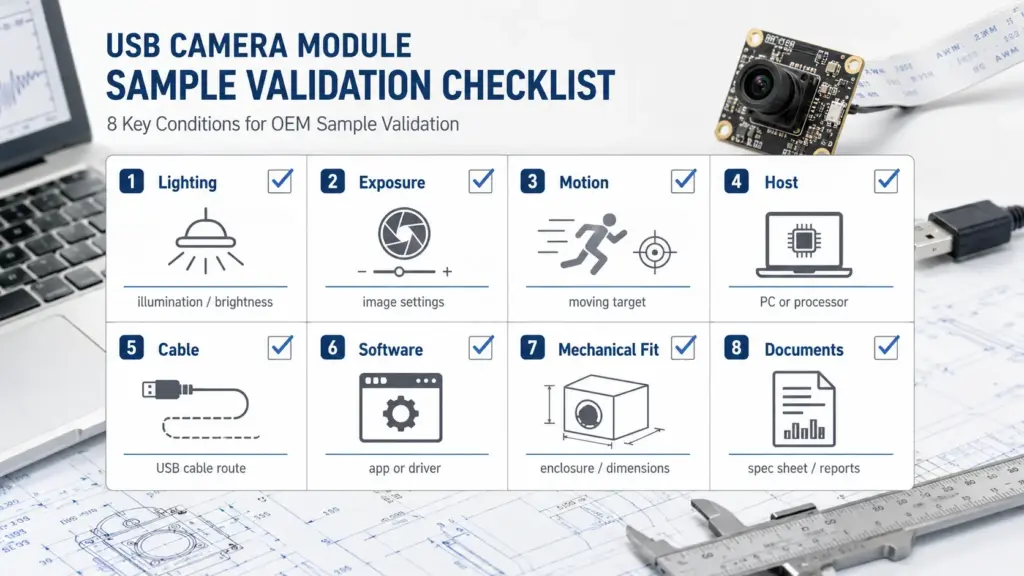 Matrix showing lighting, exposure, motion, host, cable, software, mechanical fit, and document checks before sample approval