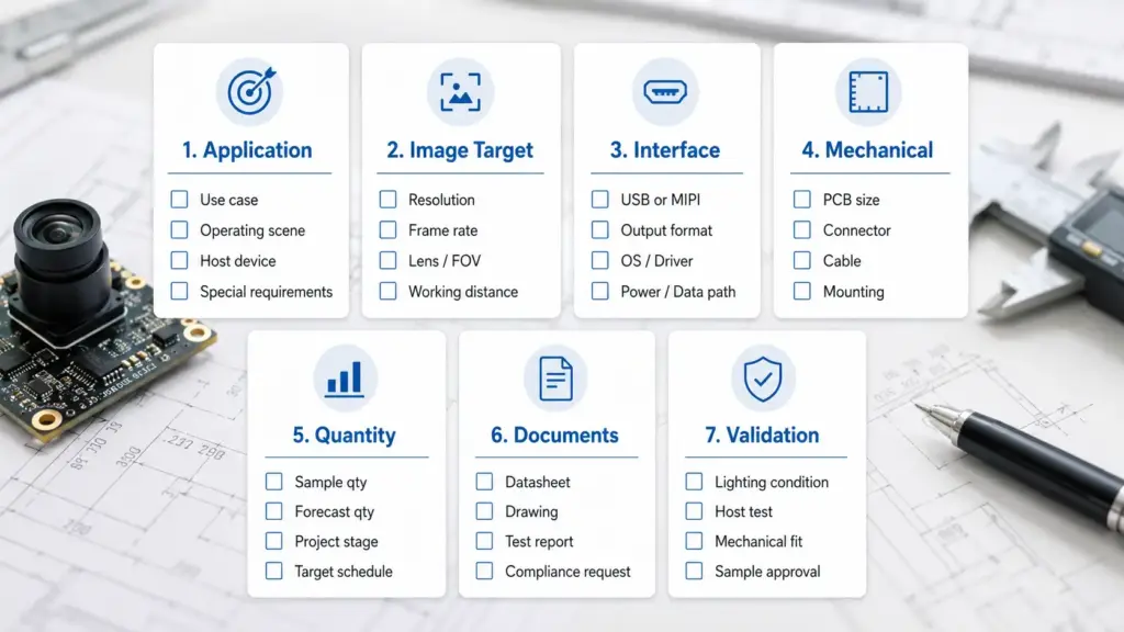 Checklist of details to send for high-speed USB camera module RFQ, including application, FPS, resolution, interface, host, lens, cable, quantity, documents, and validation