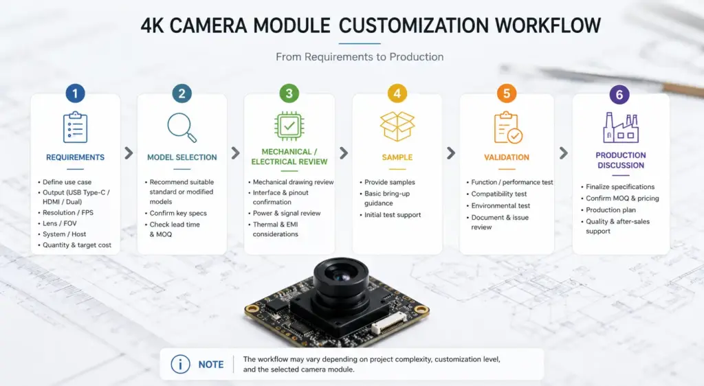 Workflow from requirement review to sample validation for custom camera module projects.