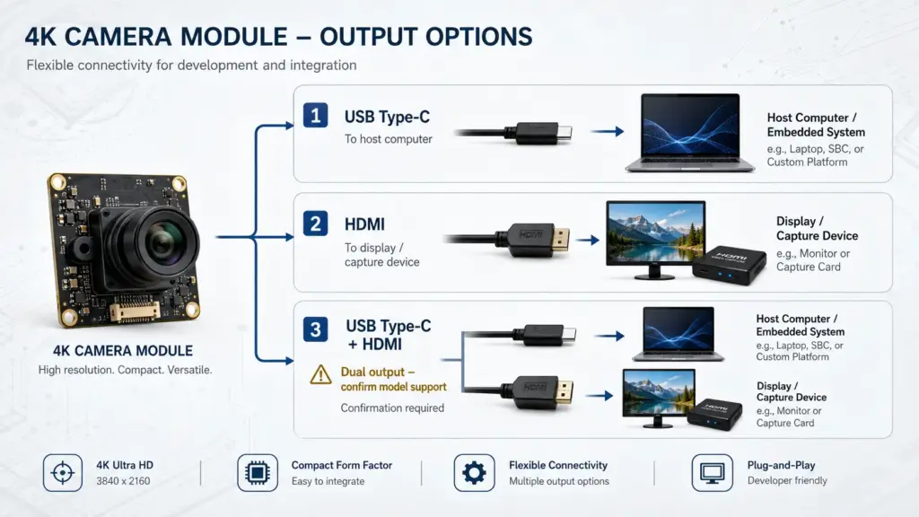 Decision flow for USB Type-C, HDMI, and dual-output camera module selection.