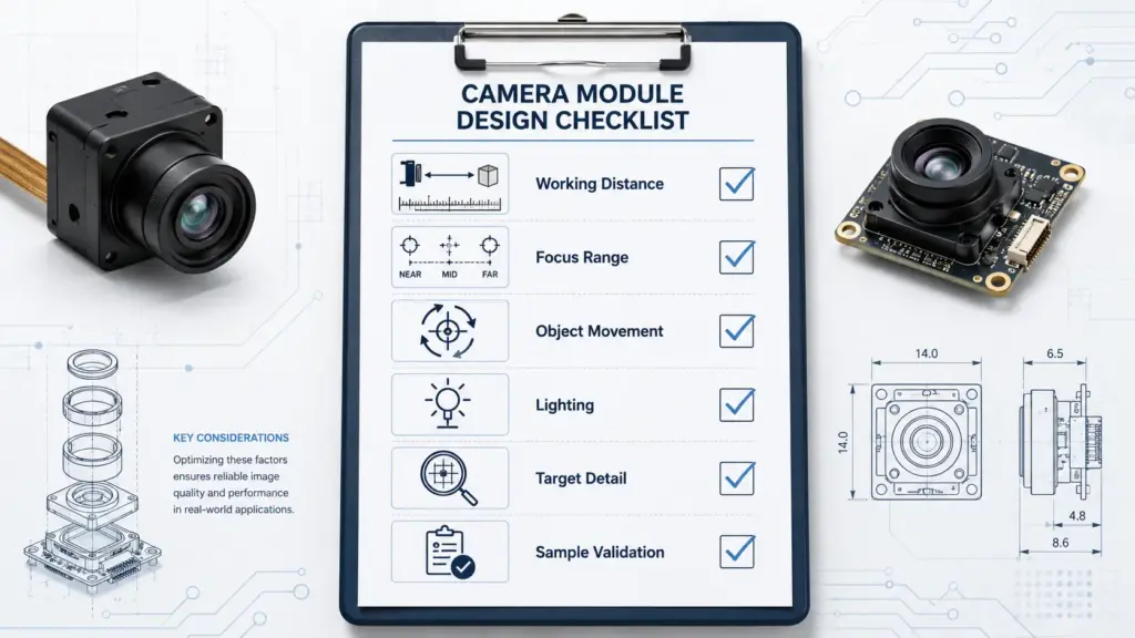 Custom Autofocus USB Camera Module: RFQ Checklist for OEM Projects 2 Checklist of working distance, focus range, object movement, lighting, target size, and validation needs for autofocus USB camera module selection.