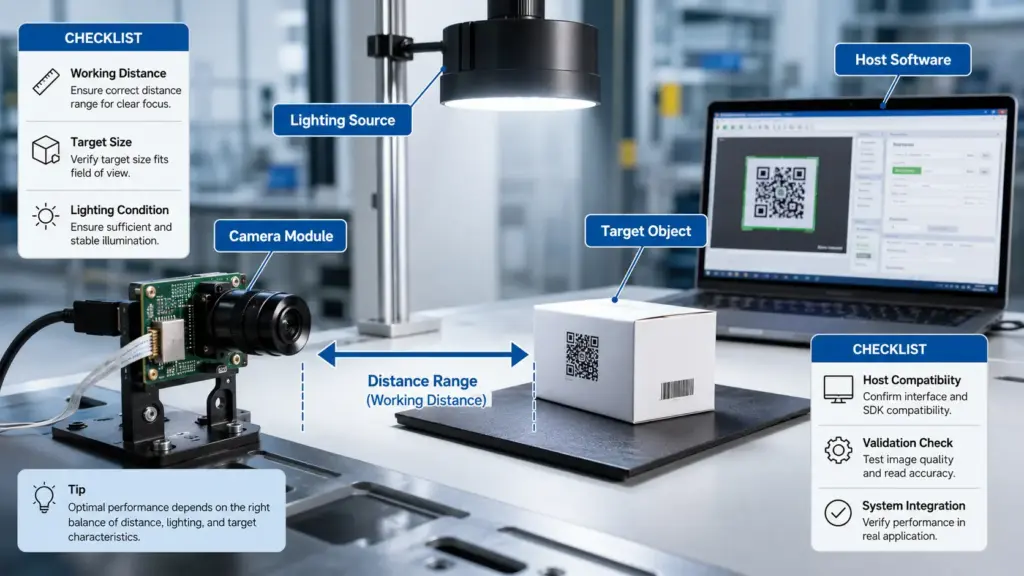 OEM Processing of Autofocus USB Camera Modules: RFQ and Validation Guide 3 Diagram showing working distance, moving target, lighting, texture, host software, and focus control checks