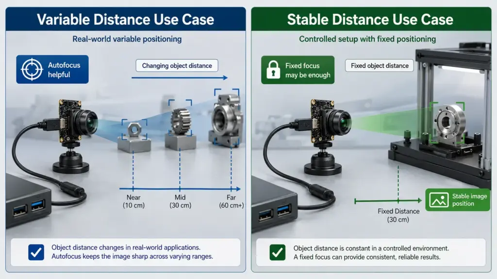 Comparison of autofocus and fixed focus by working-distance stability
