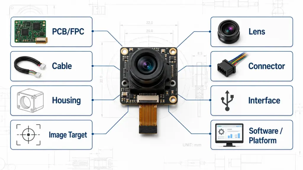 
Matrix of camera module customization areas including PCB/FPC size, lens/FOV, cable/connector, housing, interface, image target, and platform questions.